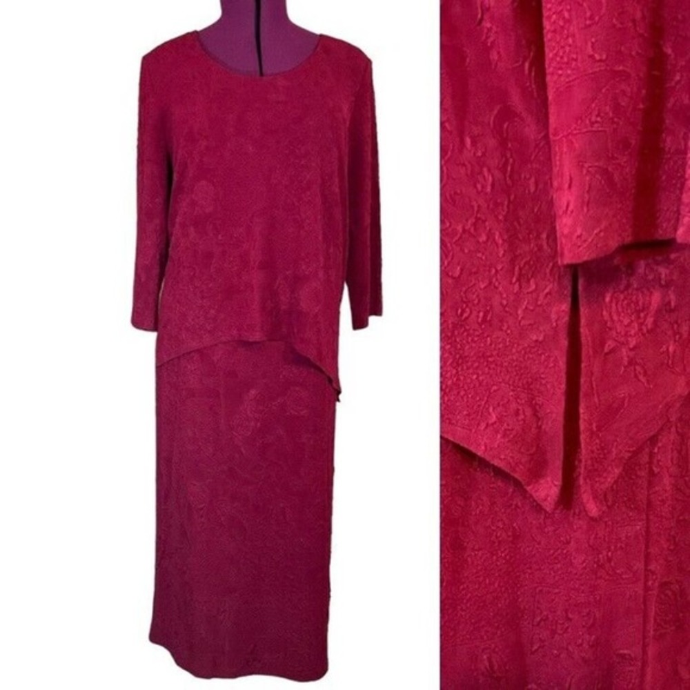 CONNECTED WOMAN Jacquard Knit Maroon Red Layered 3/4 Sleeve Long Dress Size 1X